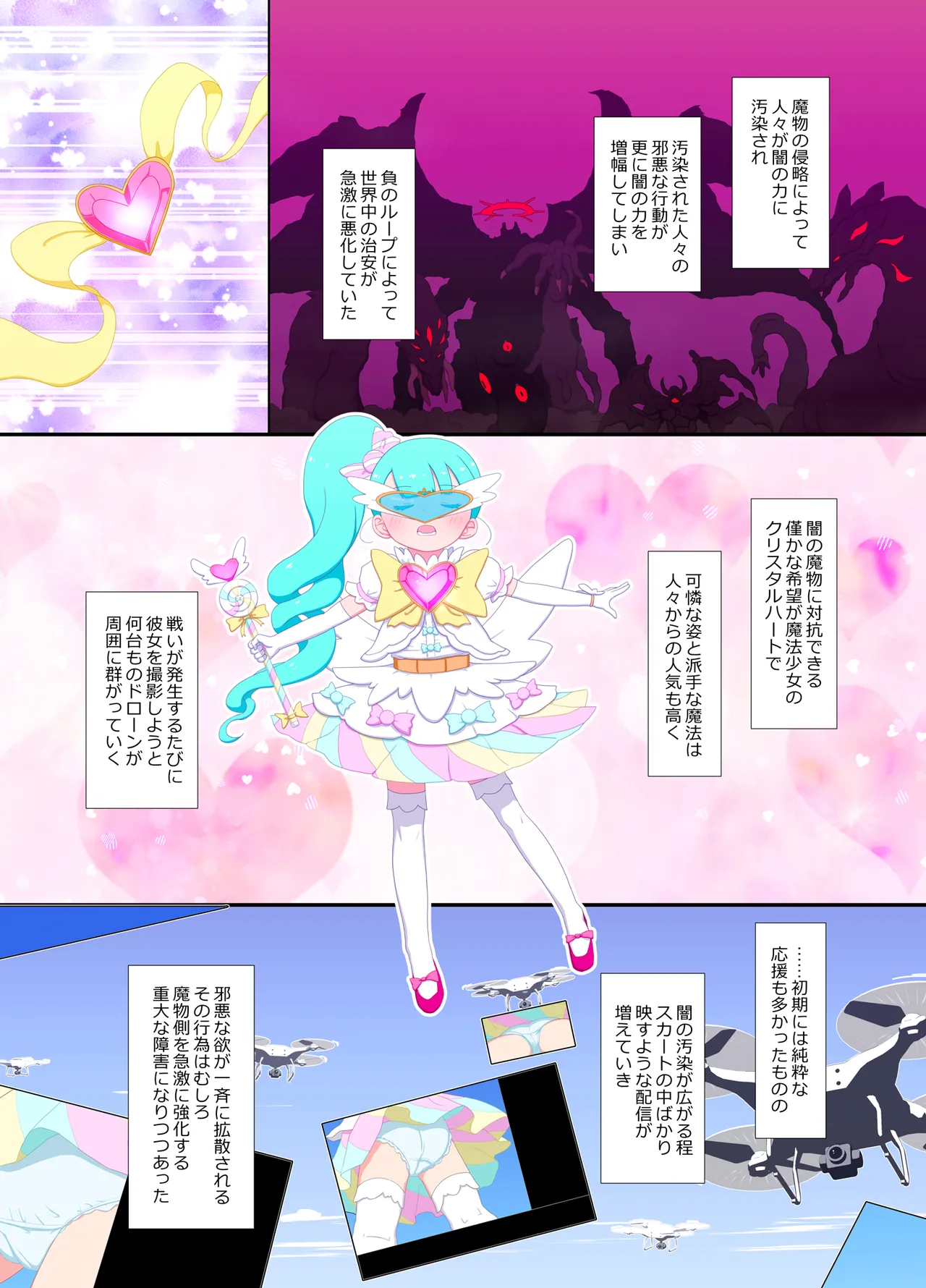 変身が解けて裸になってしまう魔法少女 VS 魔物の群れ+無断で生配信するドローンカメラの群れ - page4